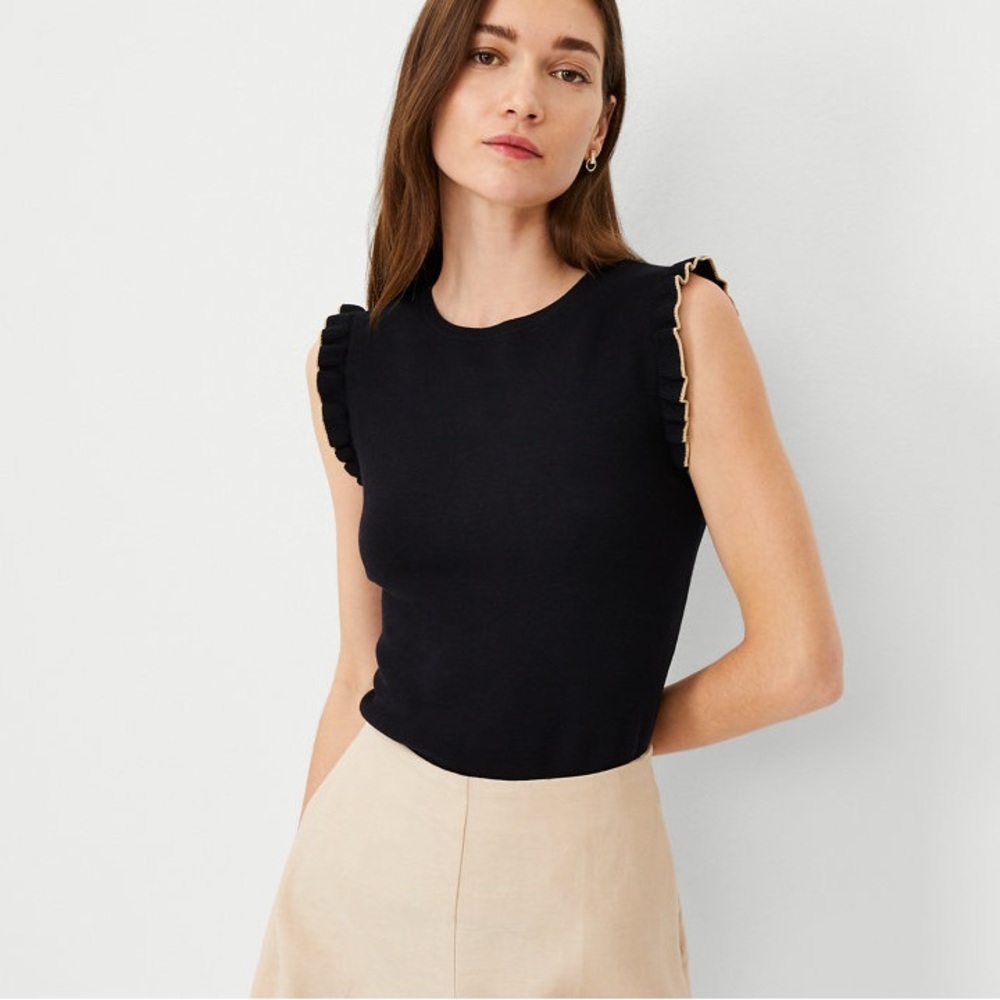 Ann Taylor ruffle tank blouse with white trim